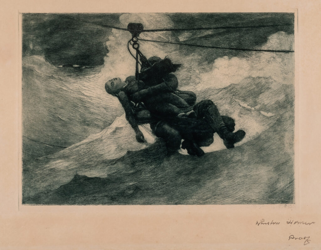 A figure holds a woman while suspended to a rope above a stormy sea.