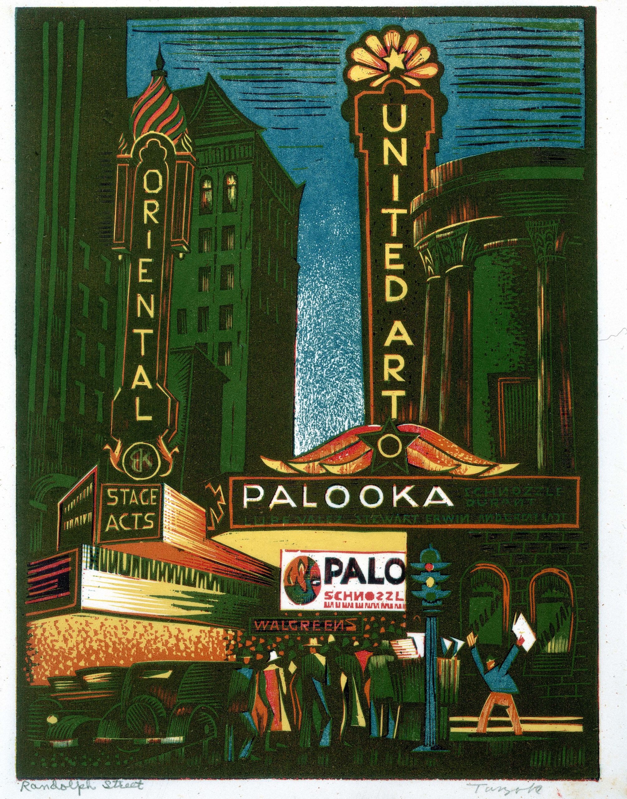 Painting of a theater marquee with people standing beneath.