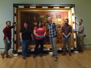 Art handlers de-install the 2016 Terra Collective Initiative Samuel F. B. Morse's "Gallery of the Louvre" and the Art of Invention at the Crystal Bridges Museum of American Art, Bentonville, AK.