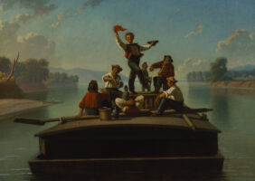 Oil painting of men on a boat.