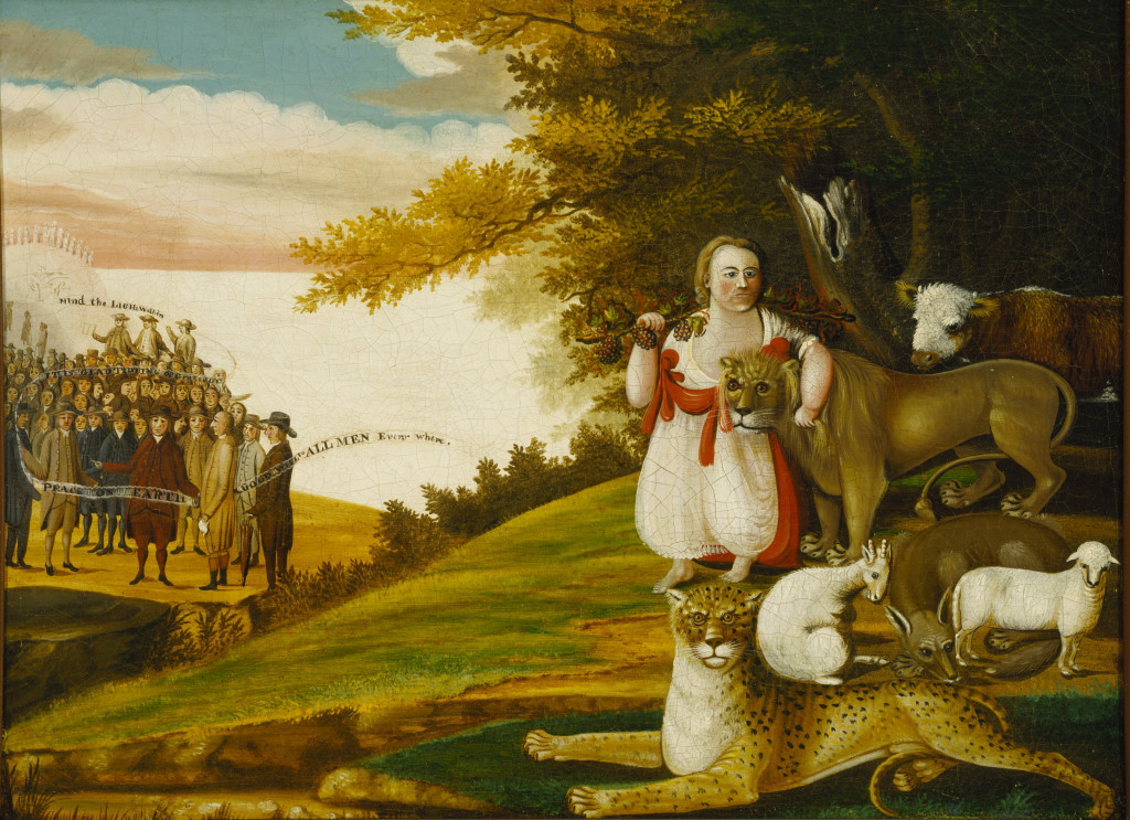 Visual allegory painting of the Old Testament prophecy of peace between natural enemies. On the right, a child bearing a bough of grapes, an emblem of salvation, leads a harmonious assortment of wild predators and domestic animals from a dark wood into a peaceful natural landscape. In the left distance, a white mountain is crowned by thirteen figures representing Christ and the Apostles; below them, angels deploy a swirling banner, bearing biblical messages of peace, that floats among a gathering of soberly dressed Quaker elders—a group that includes women, whom the Quakers respected as preachers.