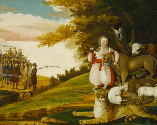 Visual allegory painting of the Old Testament prophecy of peace between natural enemies. On the right, a child bearing a bough of grapes, an emblem of salvation, leads a harmonious assortment of wild predators and domestic animals from a dark wood into a peaceful natural landscape. In the left distance, a white mountain is crowned by thirteen figures representing Christ and the Apostles; below them, angels deploy a swirling banner, bearing biblical messages of peace, that floats among a gathering of soberly dressed Quaker elders—a group that includes women, whom the Quakers respected as preachers.