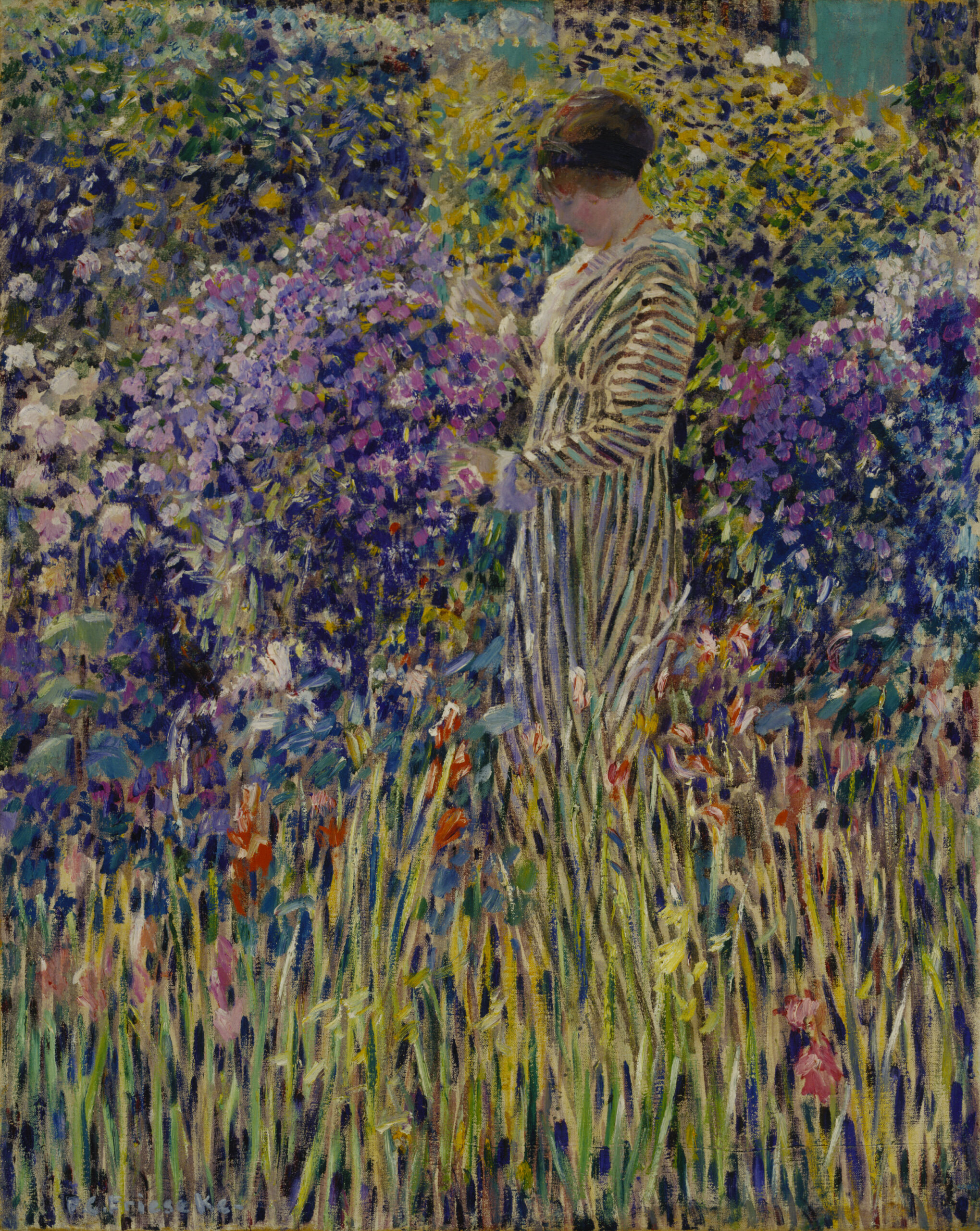 Painting of a woman standing in a garden. Her dress blends in with the flowers around her.