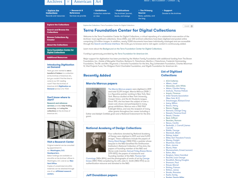Screenshot of Archives of American Art homepage