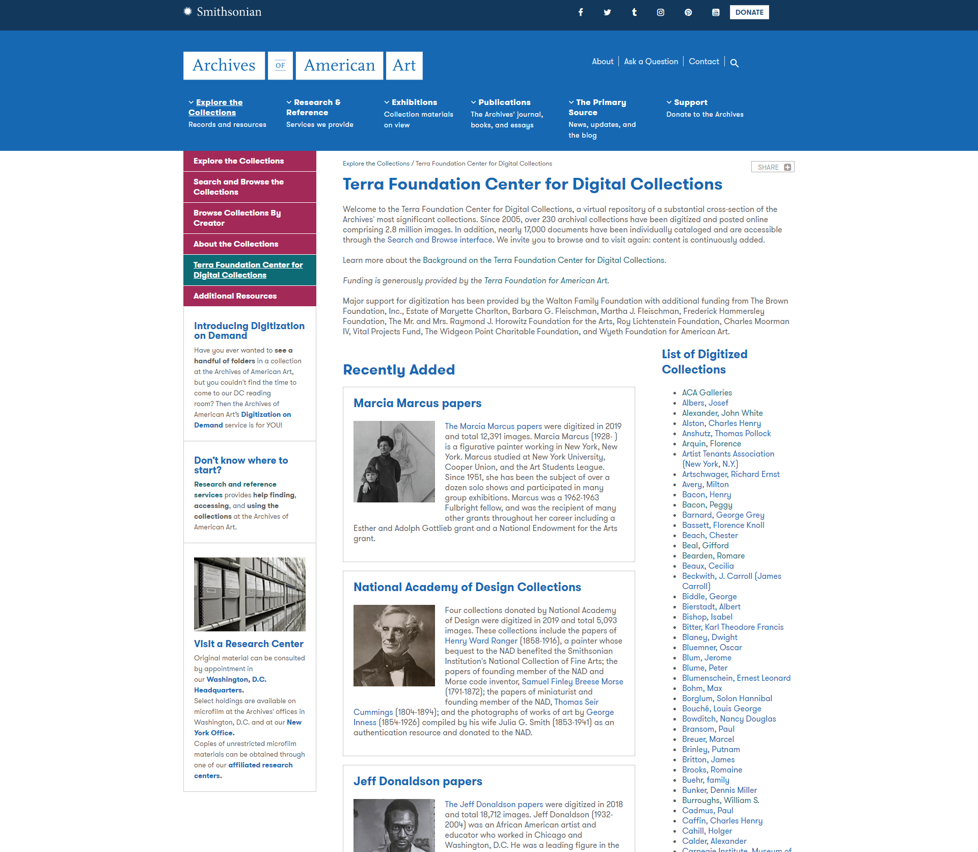 Screenshot of Archives of American Art homepage