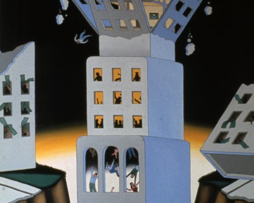 Painting of a gray skyscraper with four tiers. The top tier crumbles, chunks of cement and a man falling into the cavern the building sits in. The background is black with bright yellow at the horizon line.