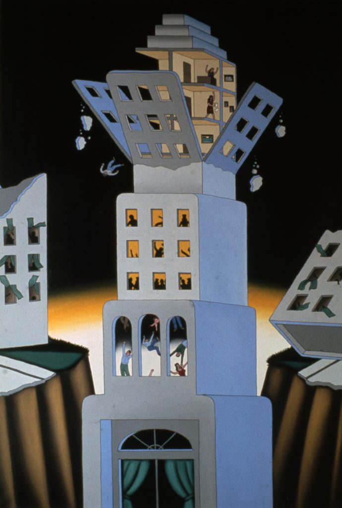 Painting of a gray skyscraper with four tiers. The top tier crumbles, chunks of cement and a man falling into the cavern the building sits in. The background is black with bright yellow at the horizon line.