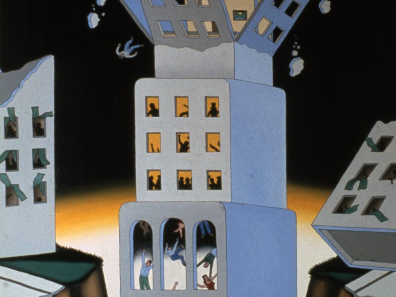 Painting of a gray skyscraper with four tiers. The top tier crumbles, chunks of cement and a man falling into the cavern the building sits in. The background is black with bright yellow at the horizon line.