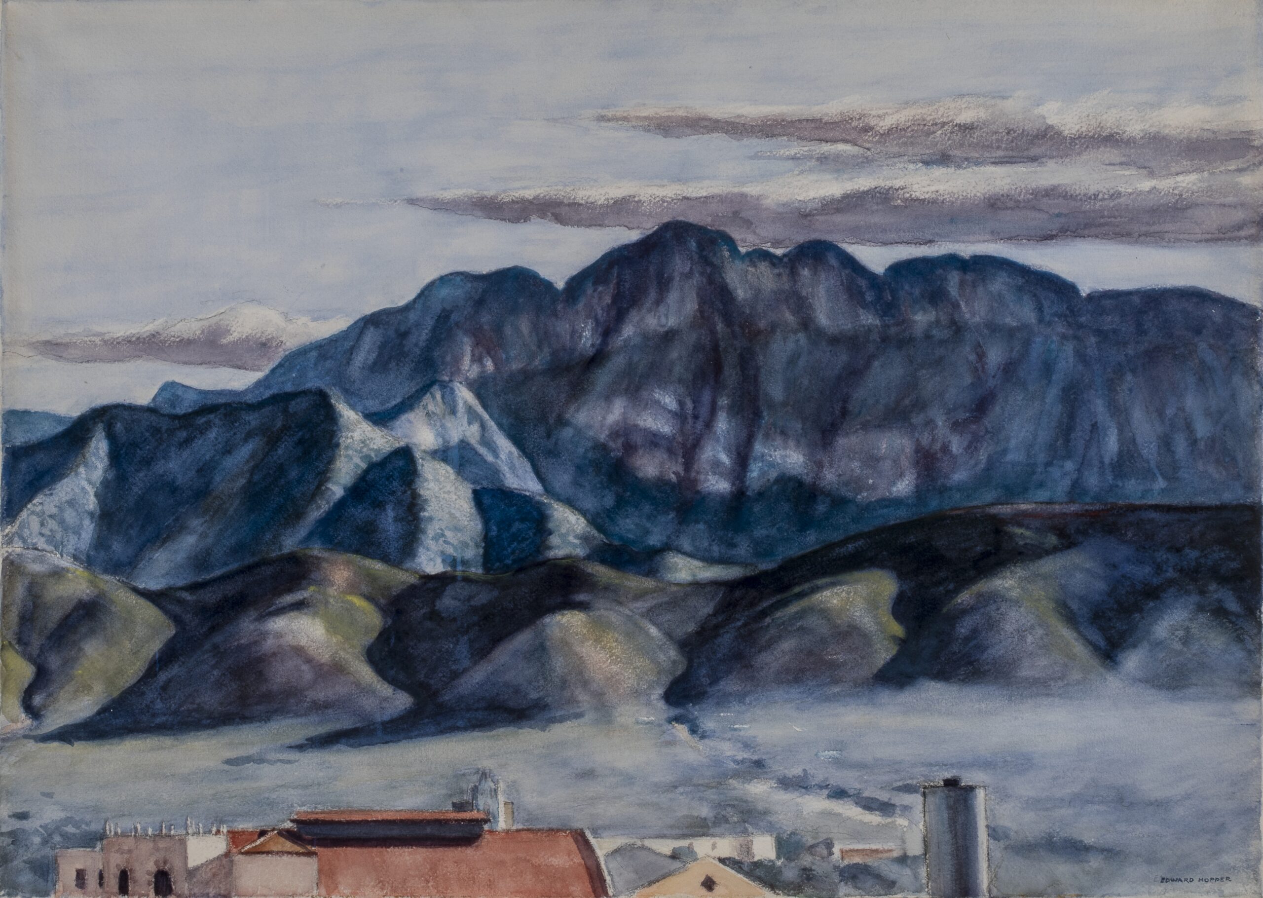 A watercolor of a mountain range.