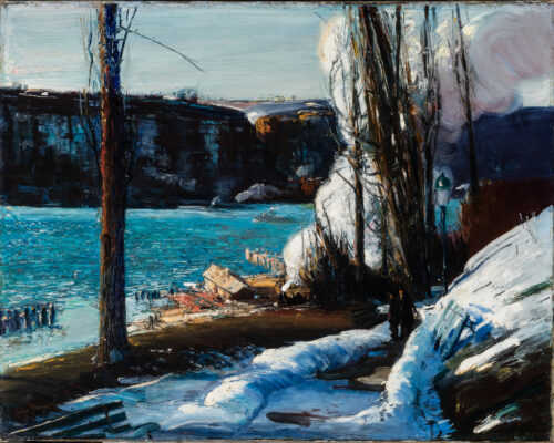 Painting of the Hudson River in wintertime from the west side of Manhattan Island in New York City. It is framed by tall trees, the scene looks west across the river toward the cliffs known as the Palisades, in New Jersey. White, patchy snow is echoed by the powerful plume of steam billowing from the funnel of a southbound locomotive.