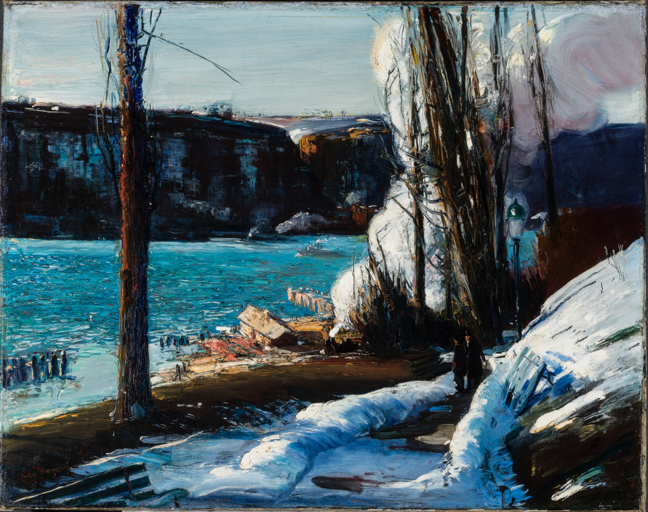 Painting of the Hudson River in wintertime from the west side of Manhattan Island in New York City. It is framed by tall trees, the scene looks west across the river toward the cliffs known as the Palisades, in New Jersey. White, patchy snow is echoed by the powerful plume of steam billowing from the funnel of a southbound locomotive.