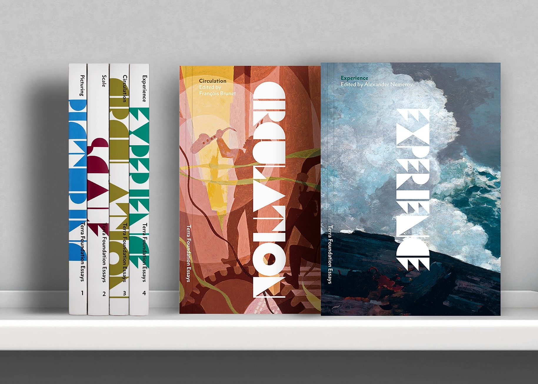 Six books from the Terra Foundation Essays series on a shelf.
