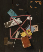 Painting featuring postcards, newspaper, and other stationery materials pinned to a black board.