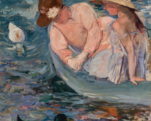 Impressionist paining of a woman and a girl in a small boat leaning over the side to look into the water. Two ducks are floating on the multicolored blue water.