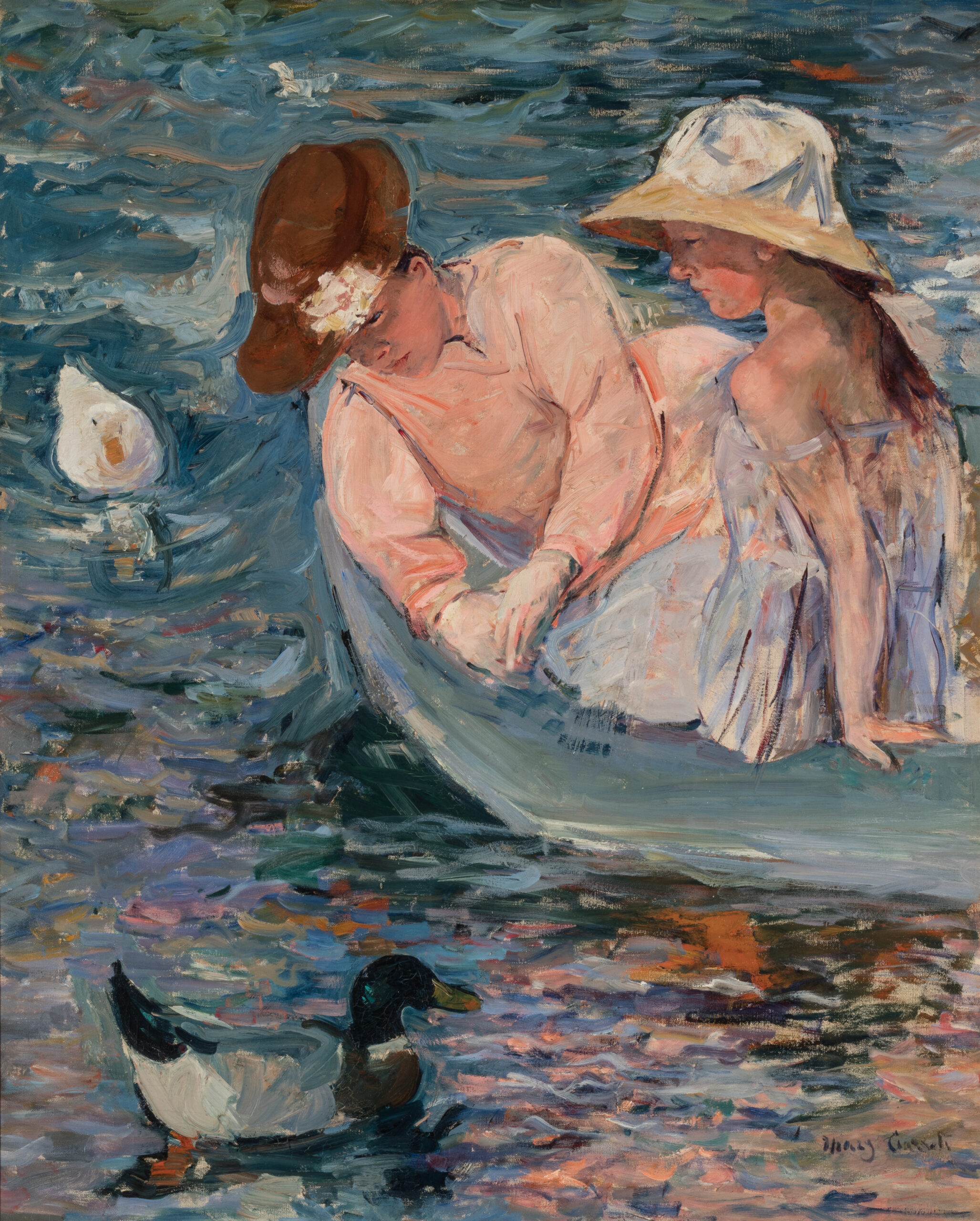 Impressionist paining of a woman and a girl in a small boat leaning over the side to look into the water. Two ducks are floating on the multicolored blue water.