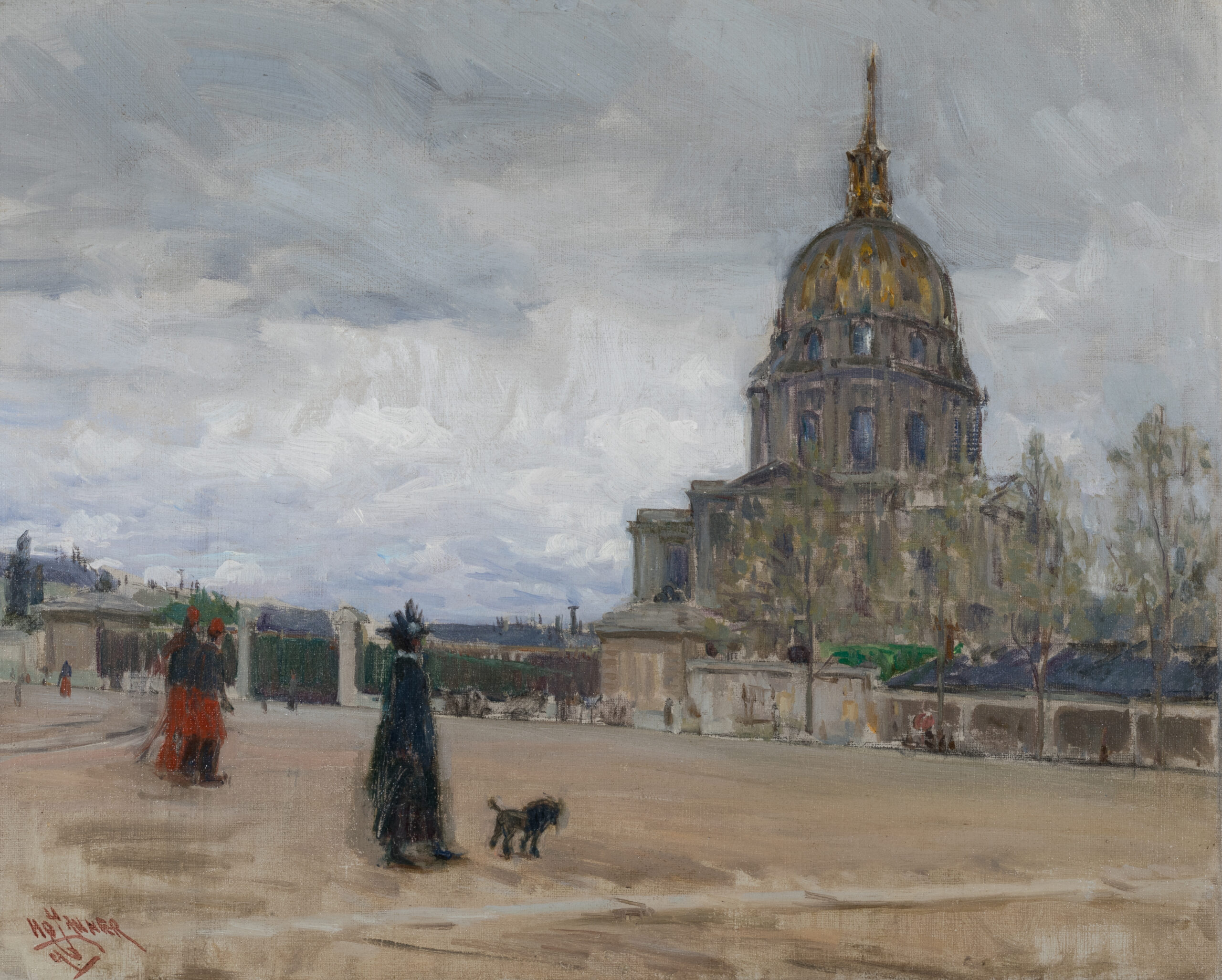 Impressionist painting of a street scene in Paris. Two individuals and a dog are in the foreground, and a domed building is in the background. The sky is gray and cloudy.
