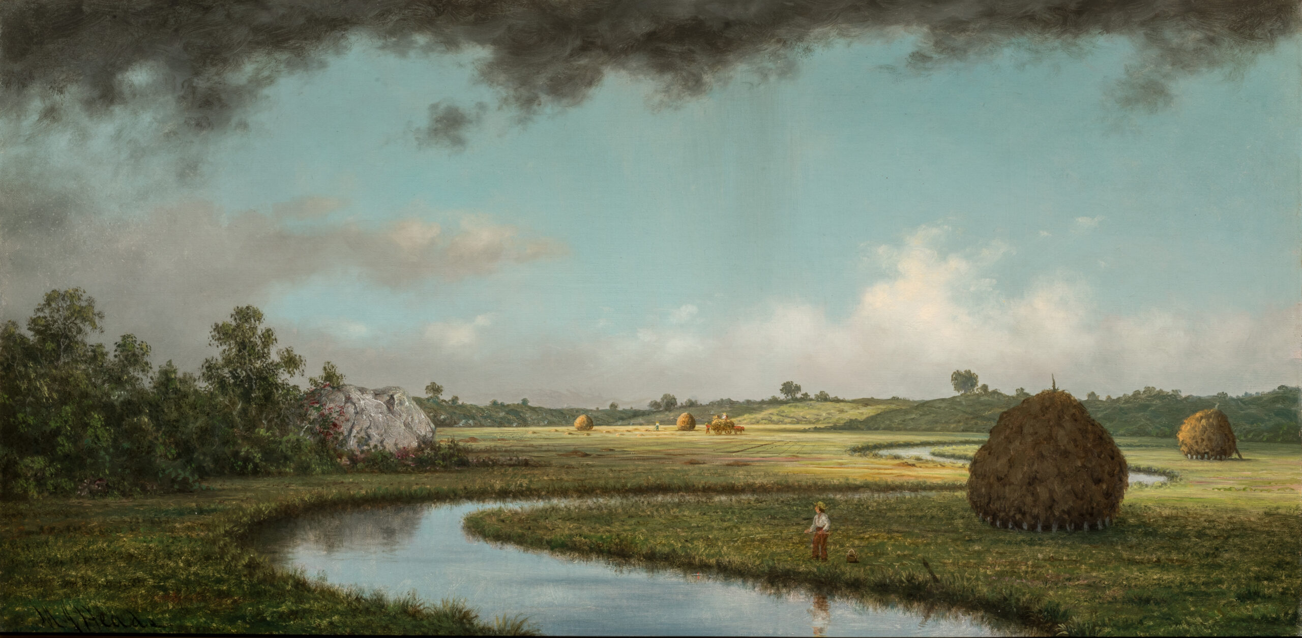 Landscape painting of a river flowing through a field with haystacks dotting the field. A dark, gray cloud is at the top of the painting over a light blue sky.