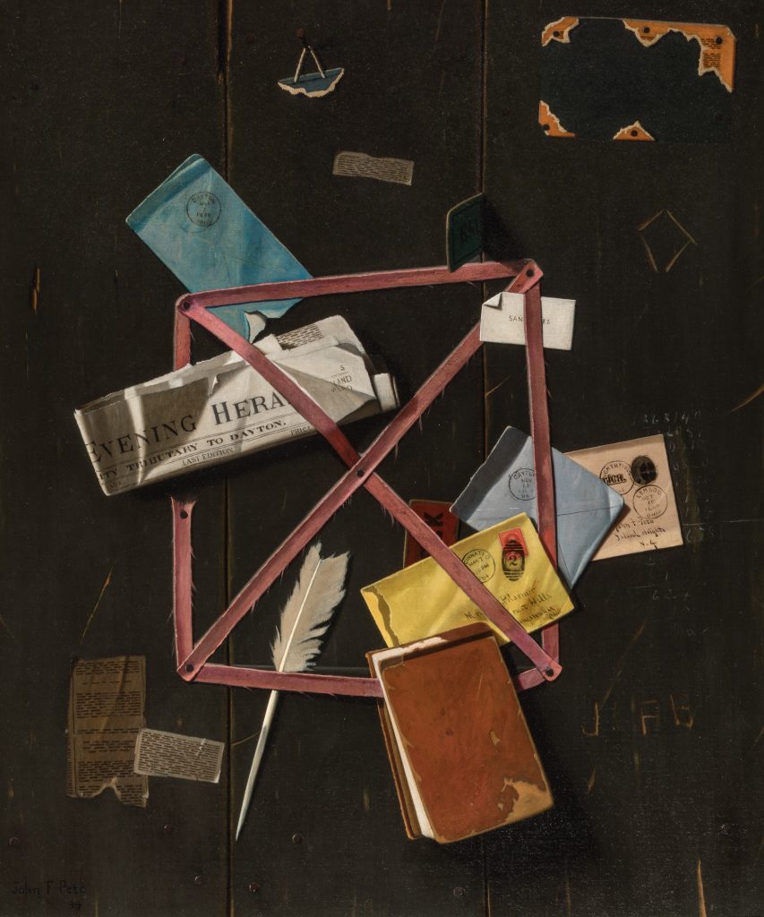 Painting of letters, newspapers, notebook, a feather, stamp, and other memorabilia held to a brown bulletin board by pinned, thin red tape.