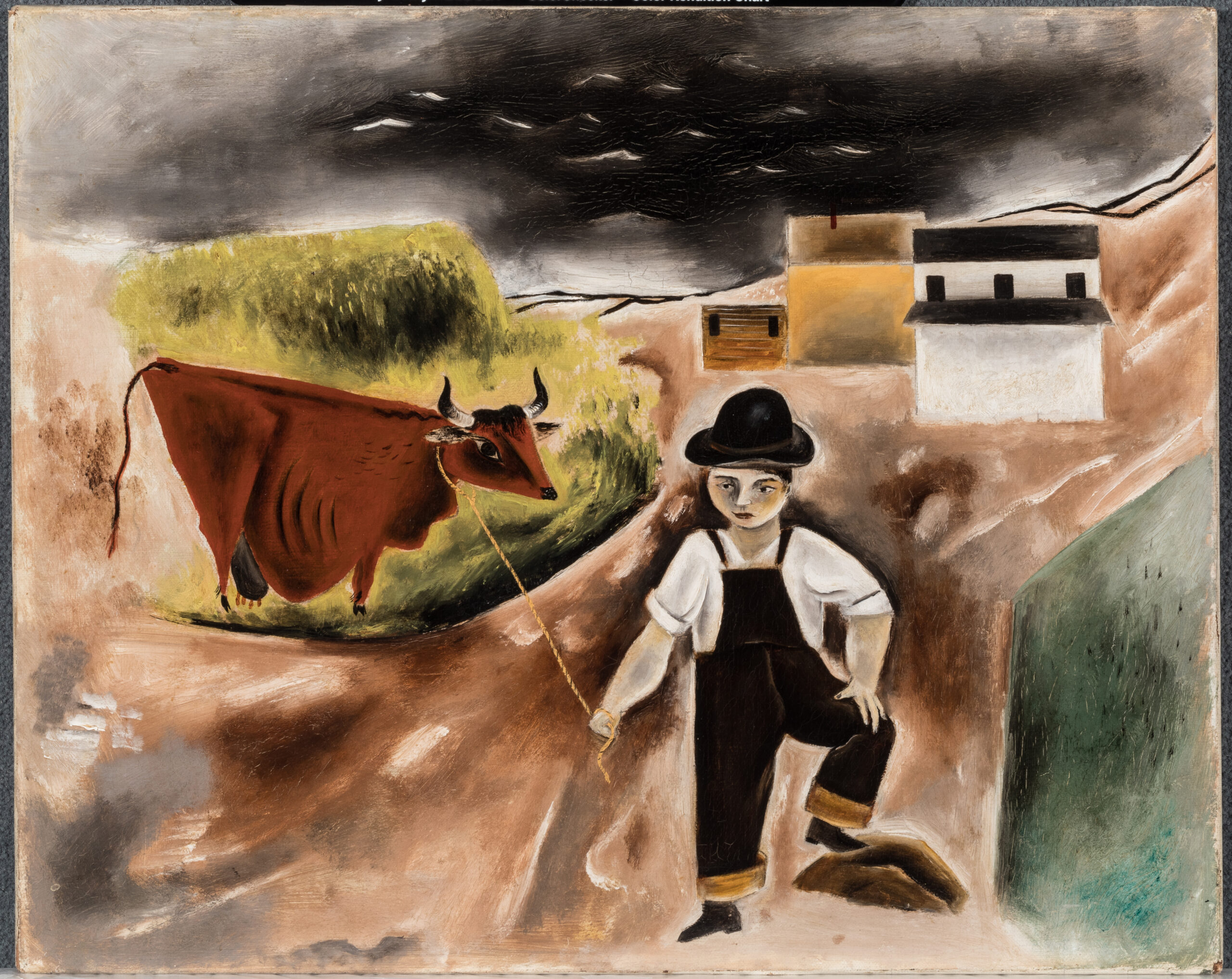 Painting of a boy and a cow, with buildings in the background and a black sky.