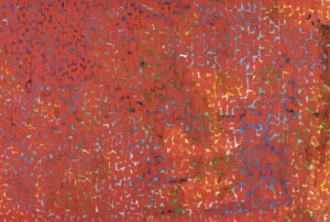Painting that is primarily red vertical marking painted over an image underneath, which appears only as blue, yellow, and green marks beneath the red.