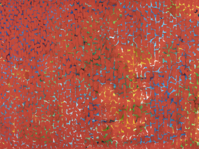 Painting that is primarily red vertical marking painted over an image underneath, which appears only as blue, yellow, and green marks beneath the red.