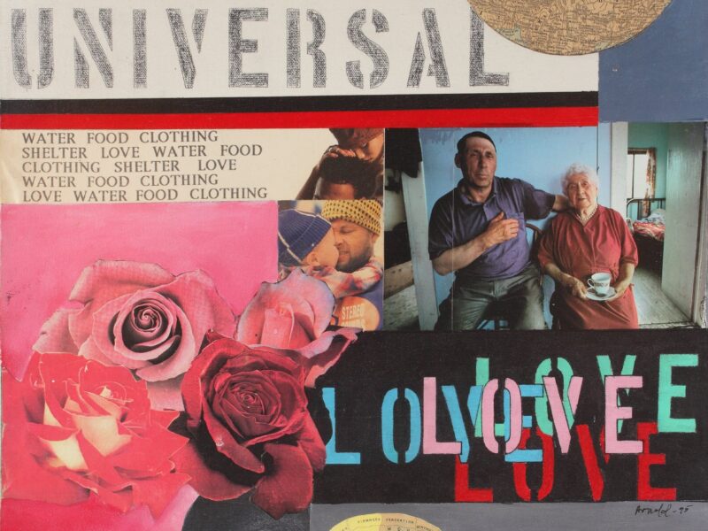 Collage with photographs, blocks of pink and gray, and text, some of which reads Love Is Universal.