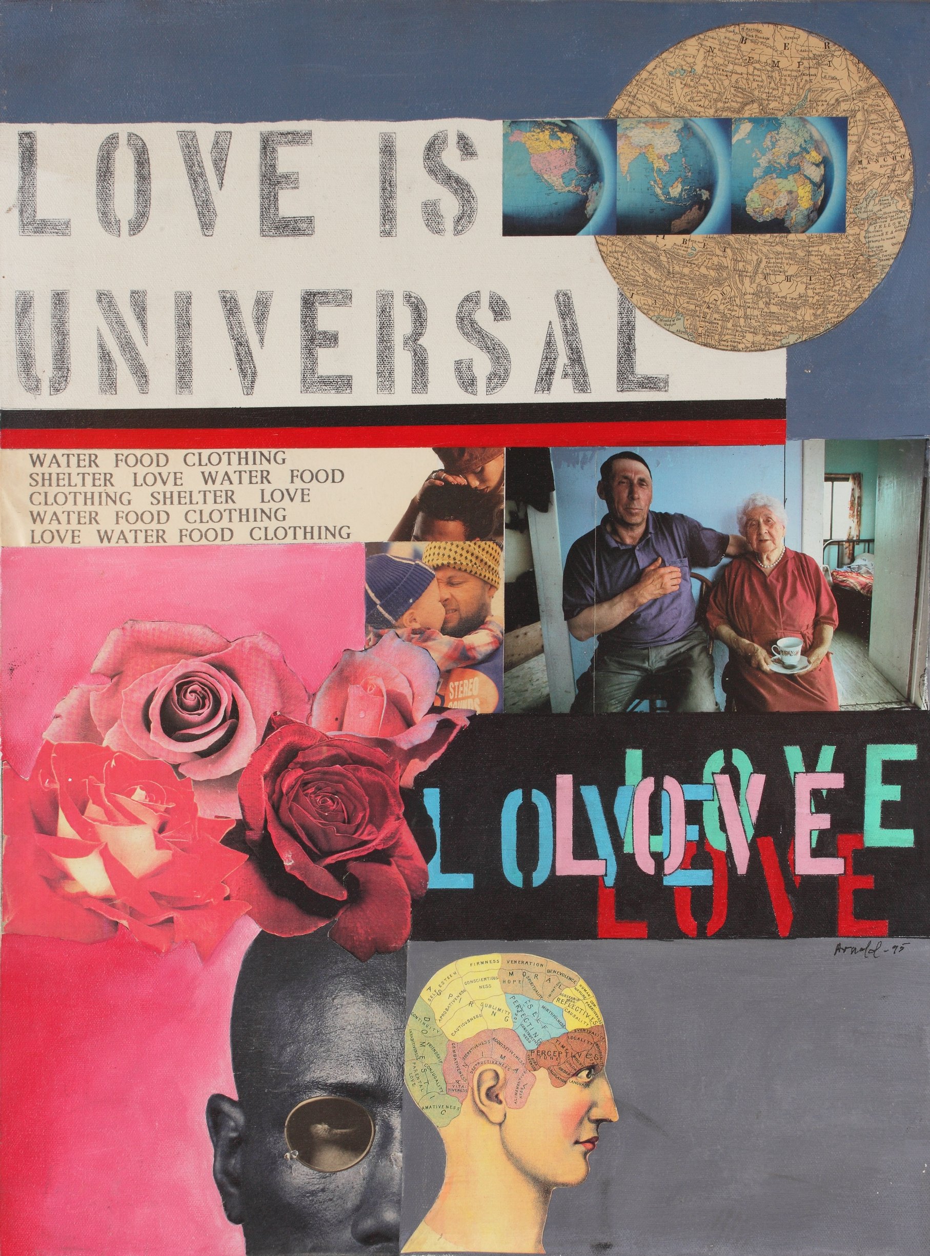 Collage with photographs, blocks of pink and gray, and text, some of which reads Love Is Universal.