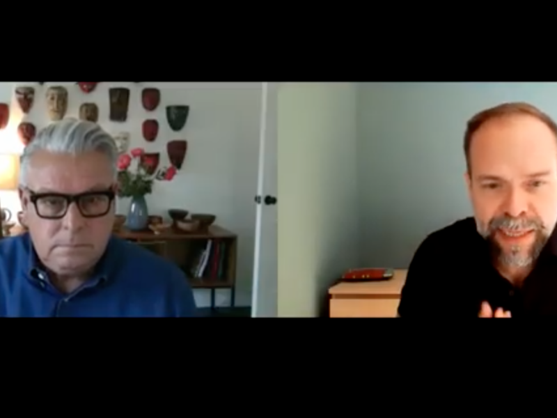Screen shot YouTube video thumbnail, showing two men in video windows, side by side.