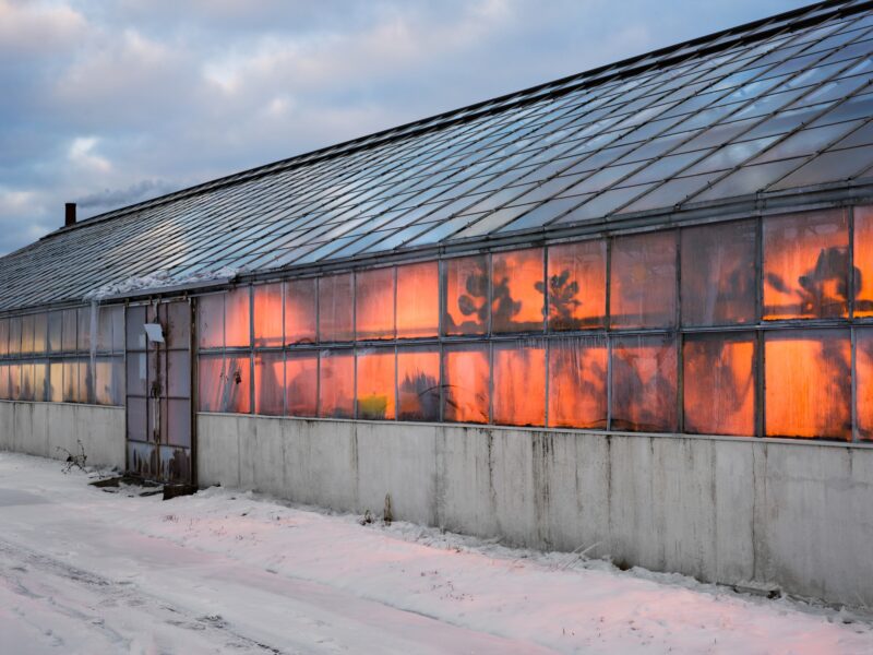 Photograph of a greenhouse with glass paneled walls and roof. An orange glow emanates from the inside.