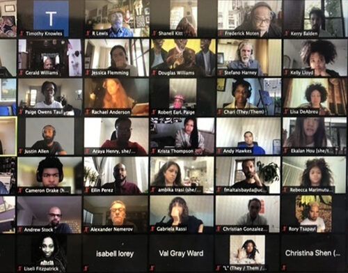 Computer screen with people on a group call.