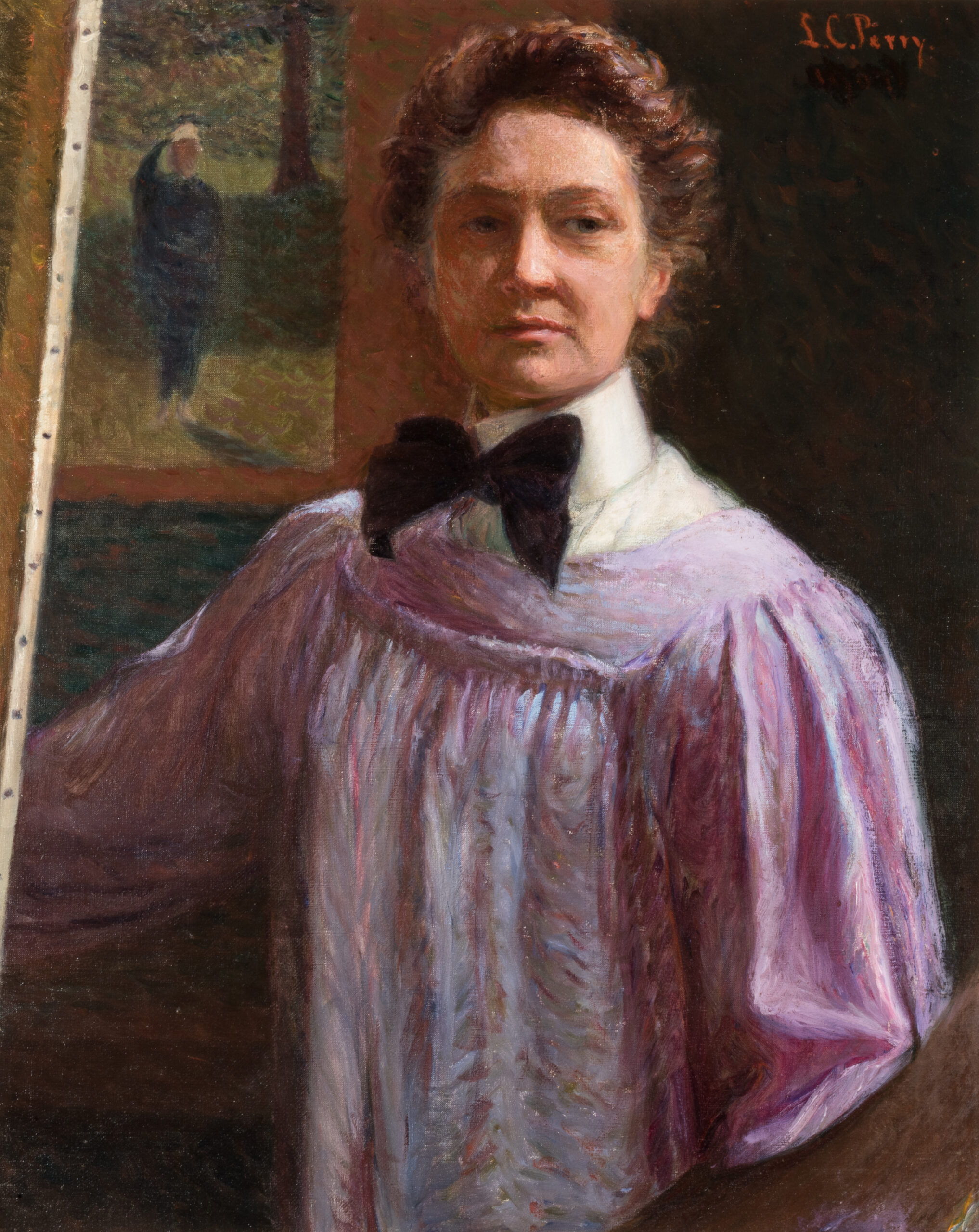 Painting of a white woman wearing a pink shirt with a black tie.