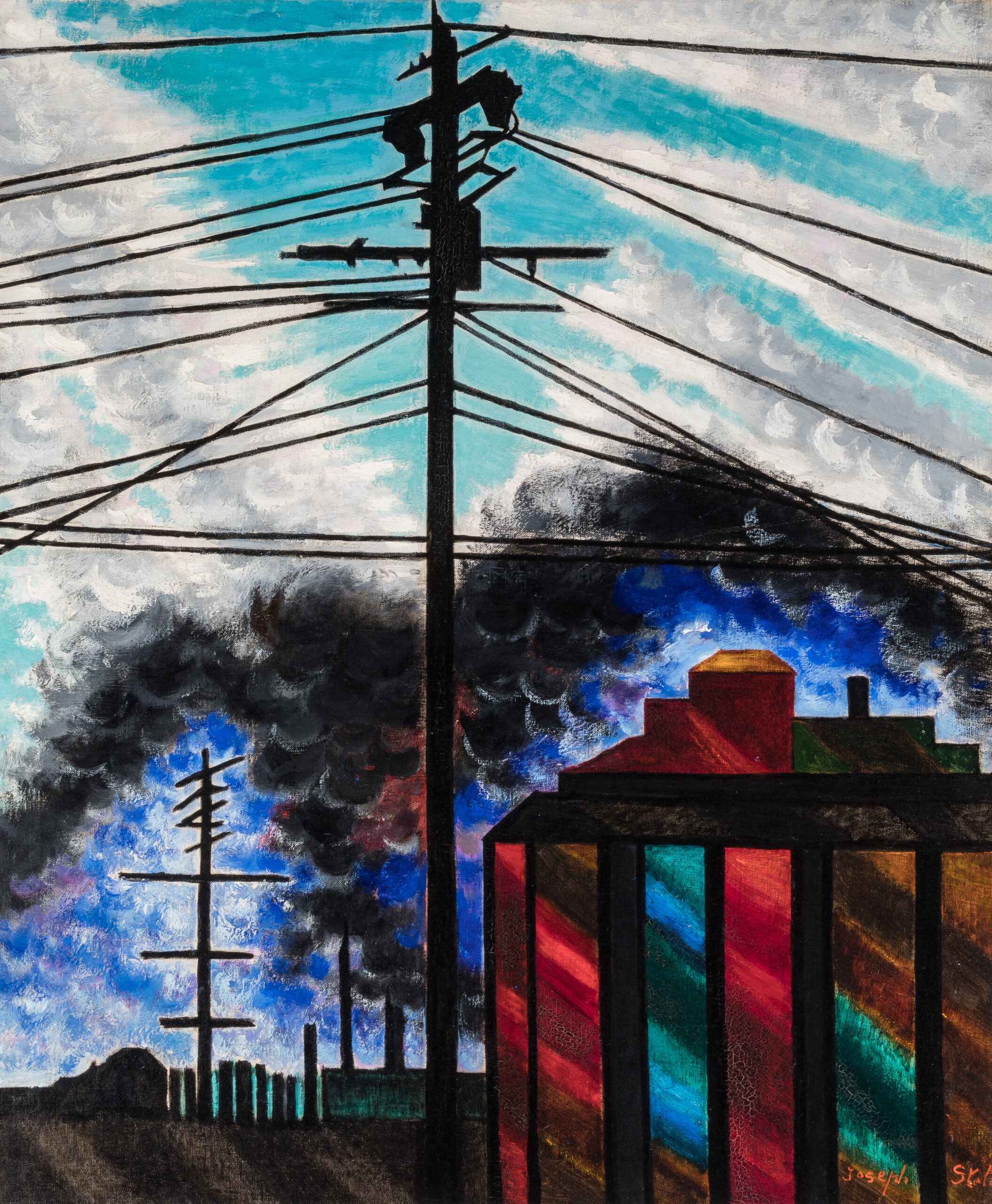 Painting of a telephone wires above a house.