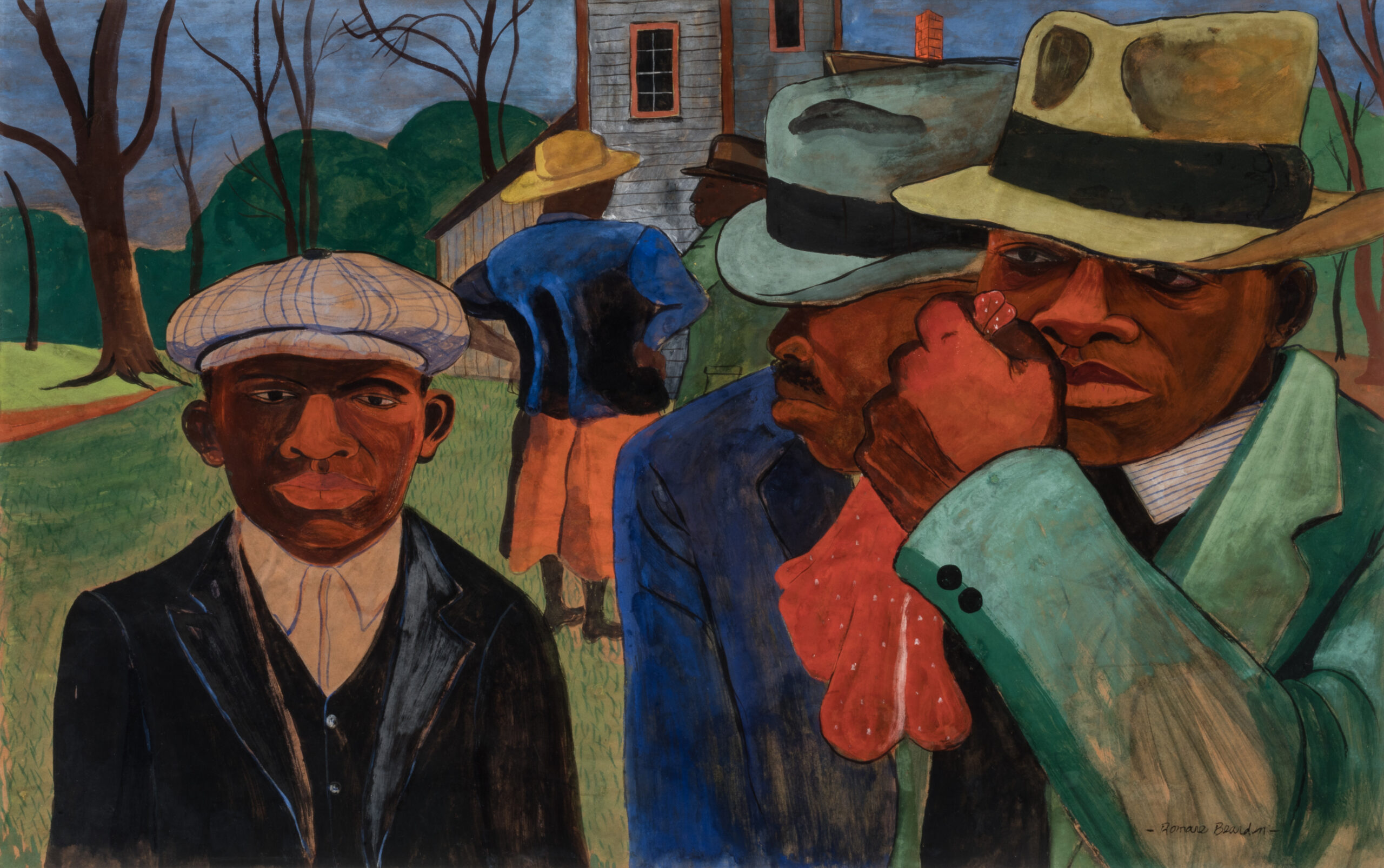 Painting of four Black men wearing suits and hats in a church yard.