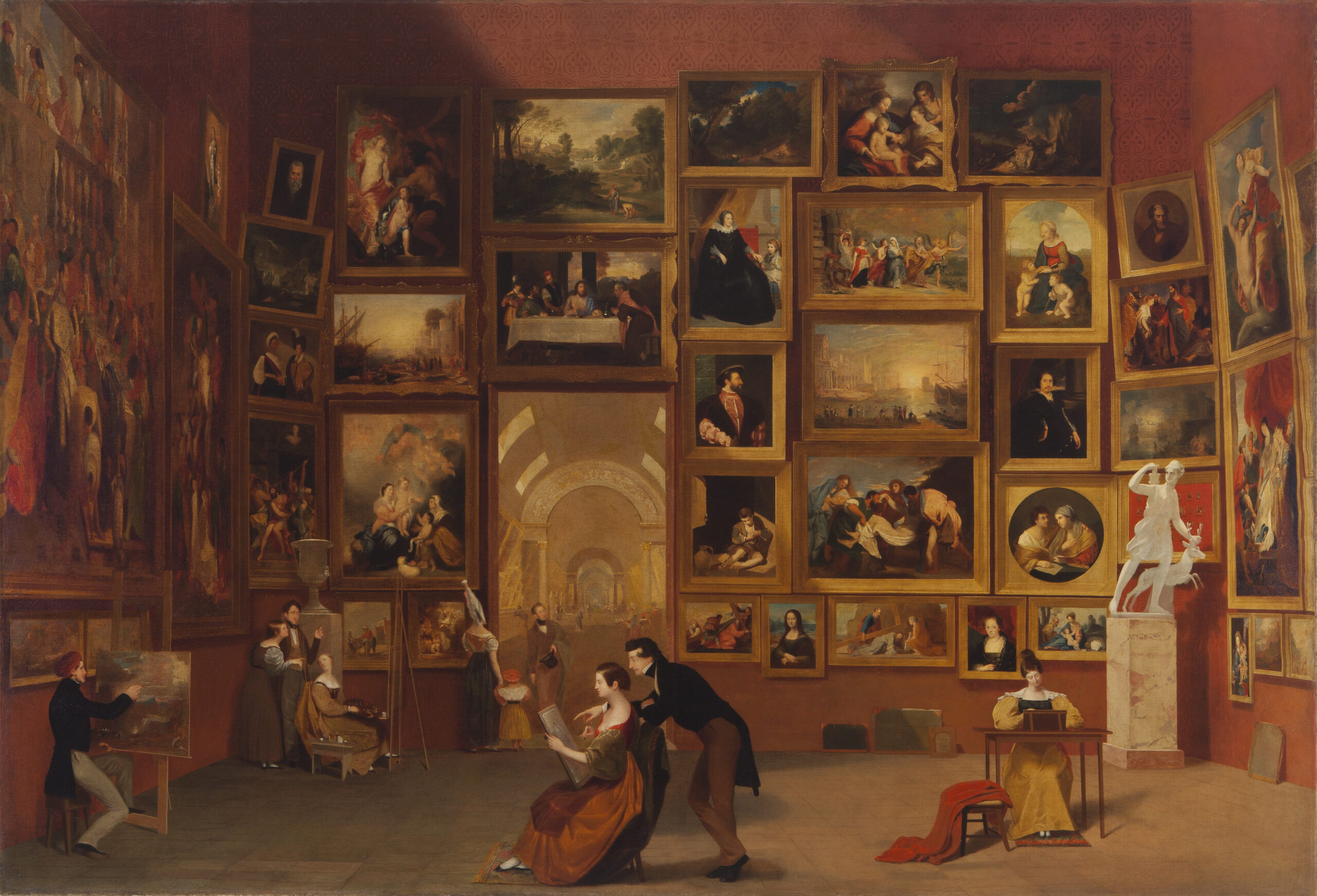 Painting of the Salon Carré in the Louvre art museum in Paris hung with masterpieces of European art primarily from the Renaissance and Baroque periods.