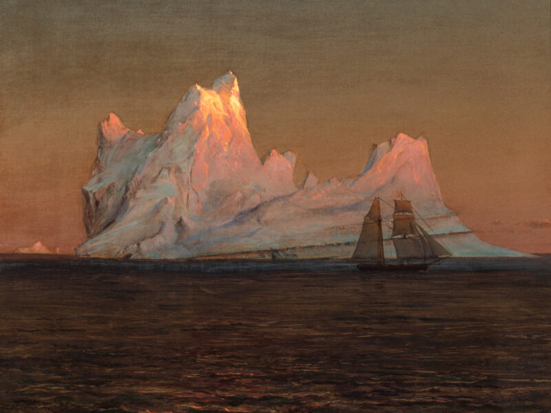 Painting of an iceberg in the sea with a ship in front of it.