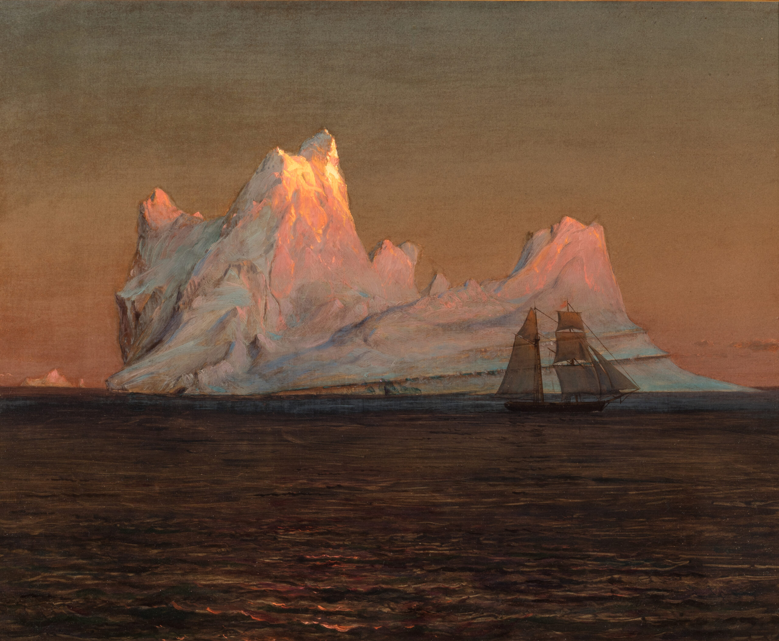 Painting of an iceberg in the sea with a ship in front of it.