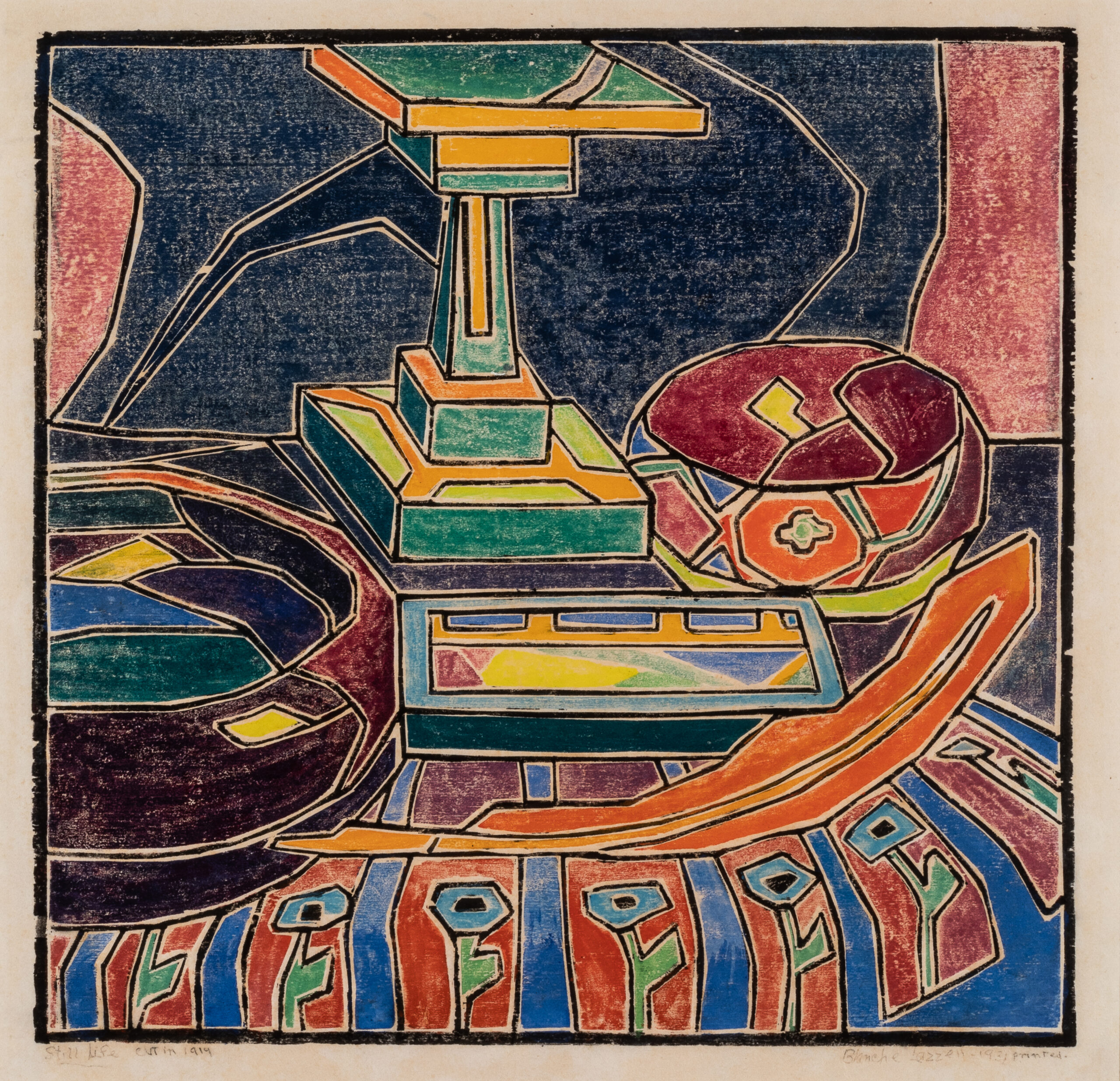 Color woodcut presents a tabletop arrangement of two ceramic bowls flanking a small pedestal on a square base behind a rectangular pen holder.