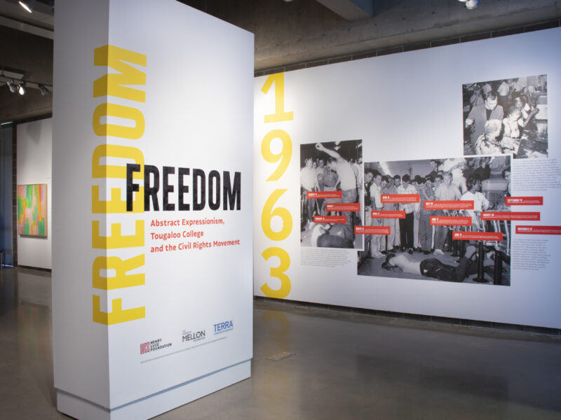 White gallery walls with black and white photographs installed. The exhibition title is set in large type on the nearest wall an says "Installation view FREEDOM: Abstract Expressionism, Tougaloo College and the Civil Rights Movement."