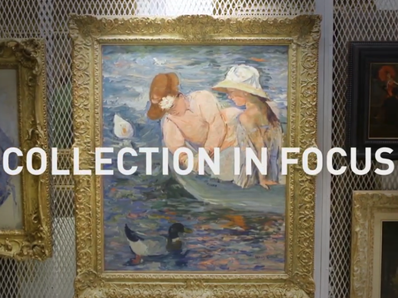 "Collection in Focus" in white letters on top of an image of an oil painting.