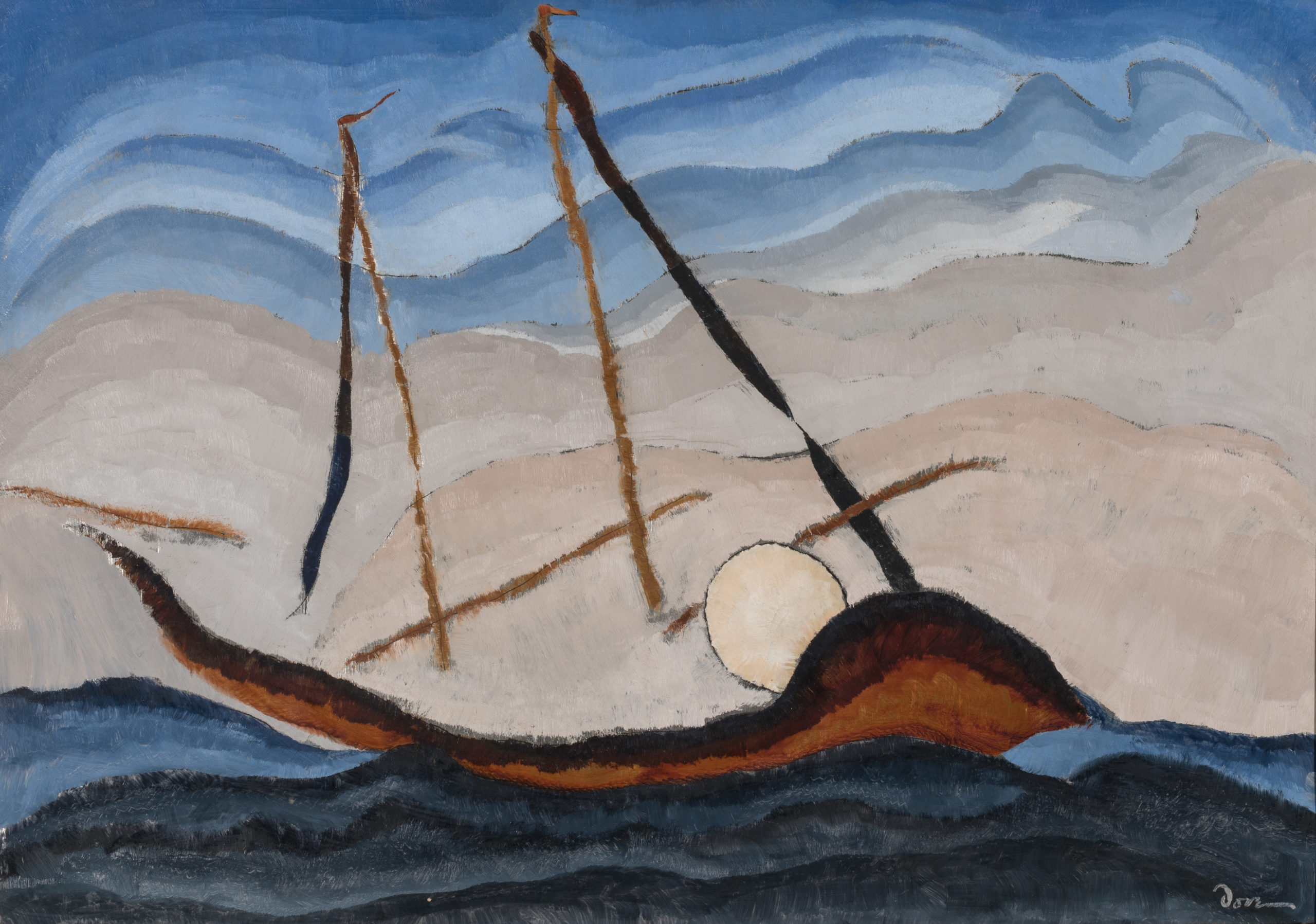 An abstracted painting of a boat at sea.