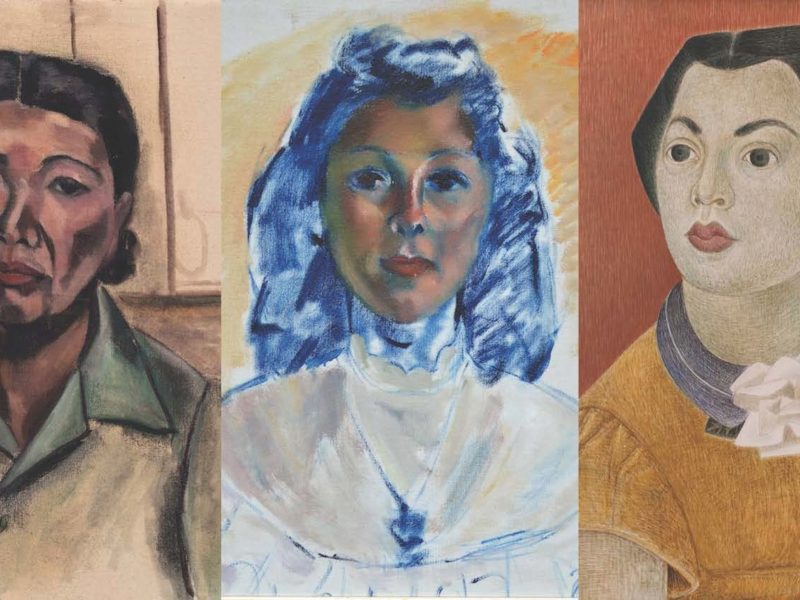 Three details from portrait paintings, set side by side.