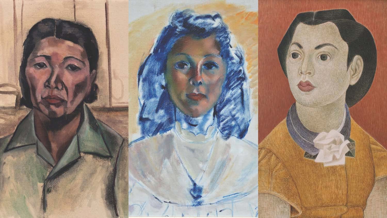 Three details from portrait paintings, set side by side.