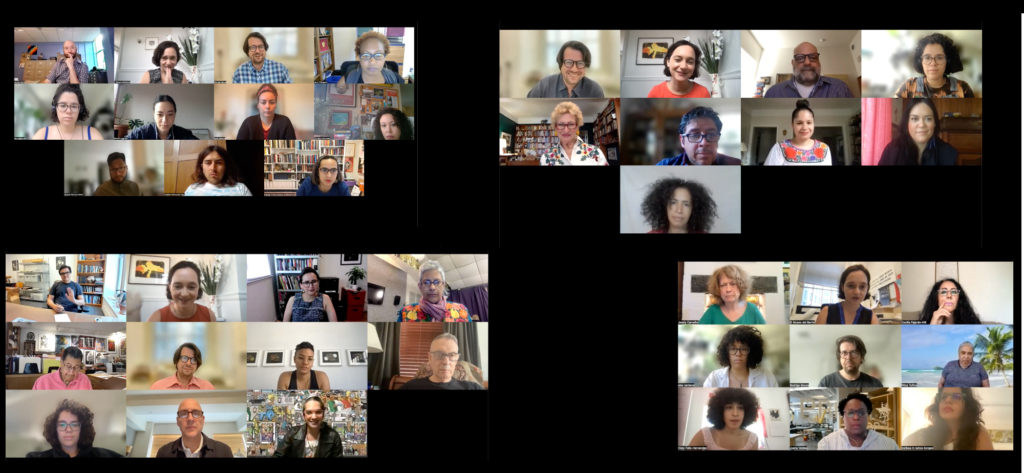 Composite screen capture of a virtual meeting. Many smaller squares featuring individual people are grouped together to form four blocks of squares set against a black background.