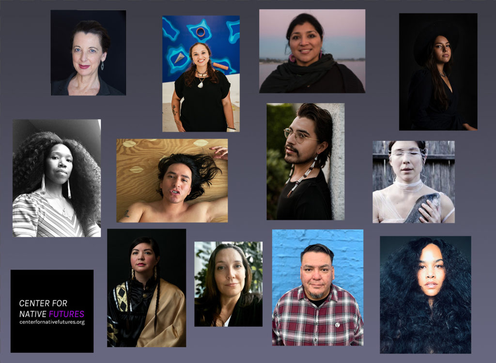 Thirteen small squares set against a gray background. Twelve squares feature photographs of people and one square reads “Center for Native Futures”.