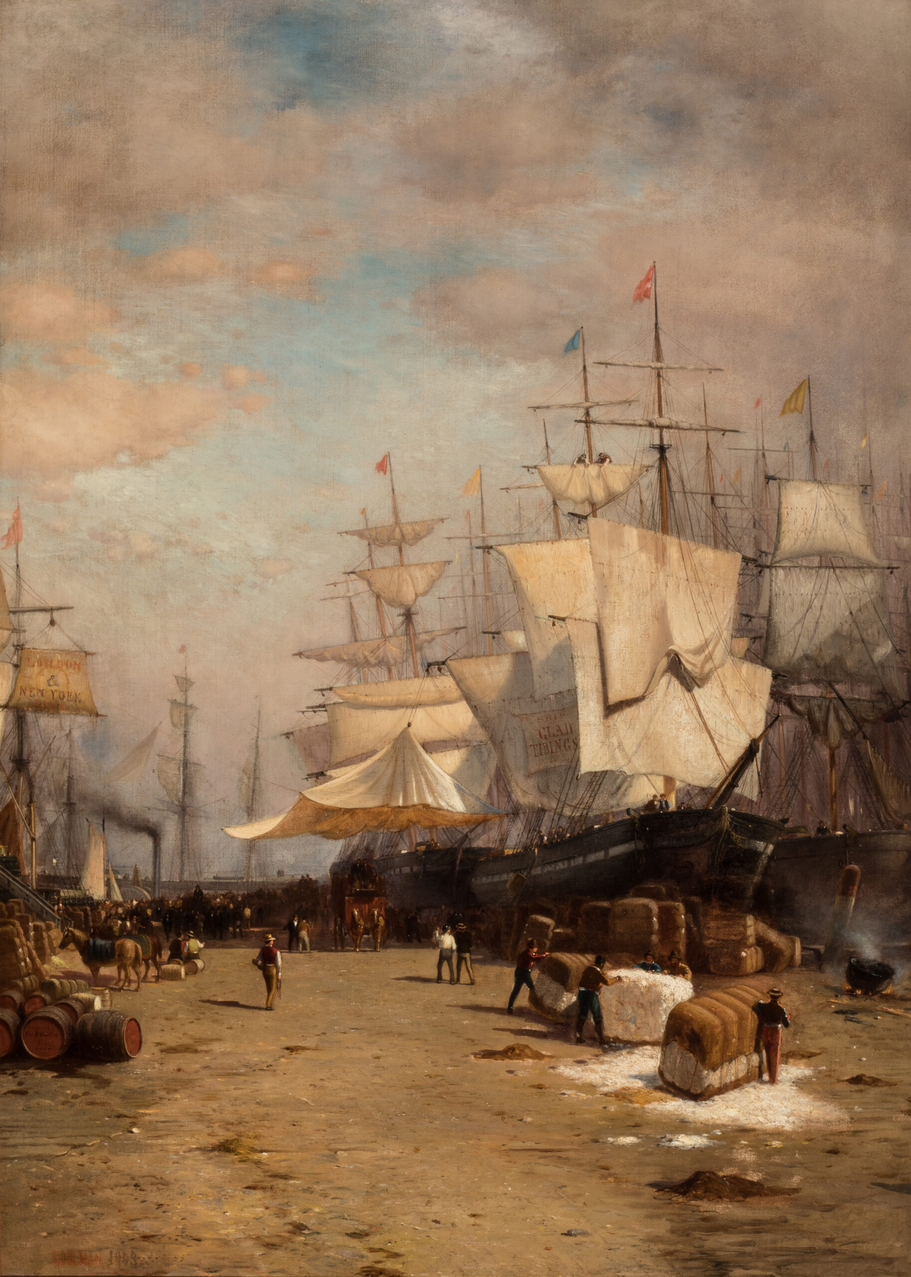 Painting of tall ships docked.