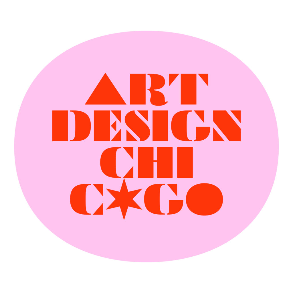 Pink oval with orange-lettered "Art Design Chicago" inside it.