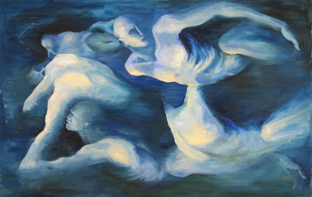 Cloud-like creature shaped in the form of a person, on a blue and black canvas.