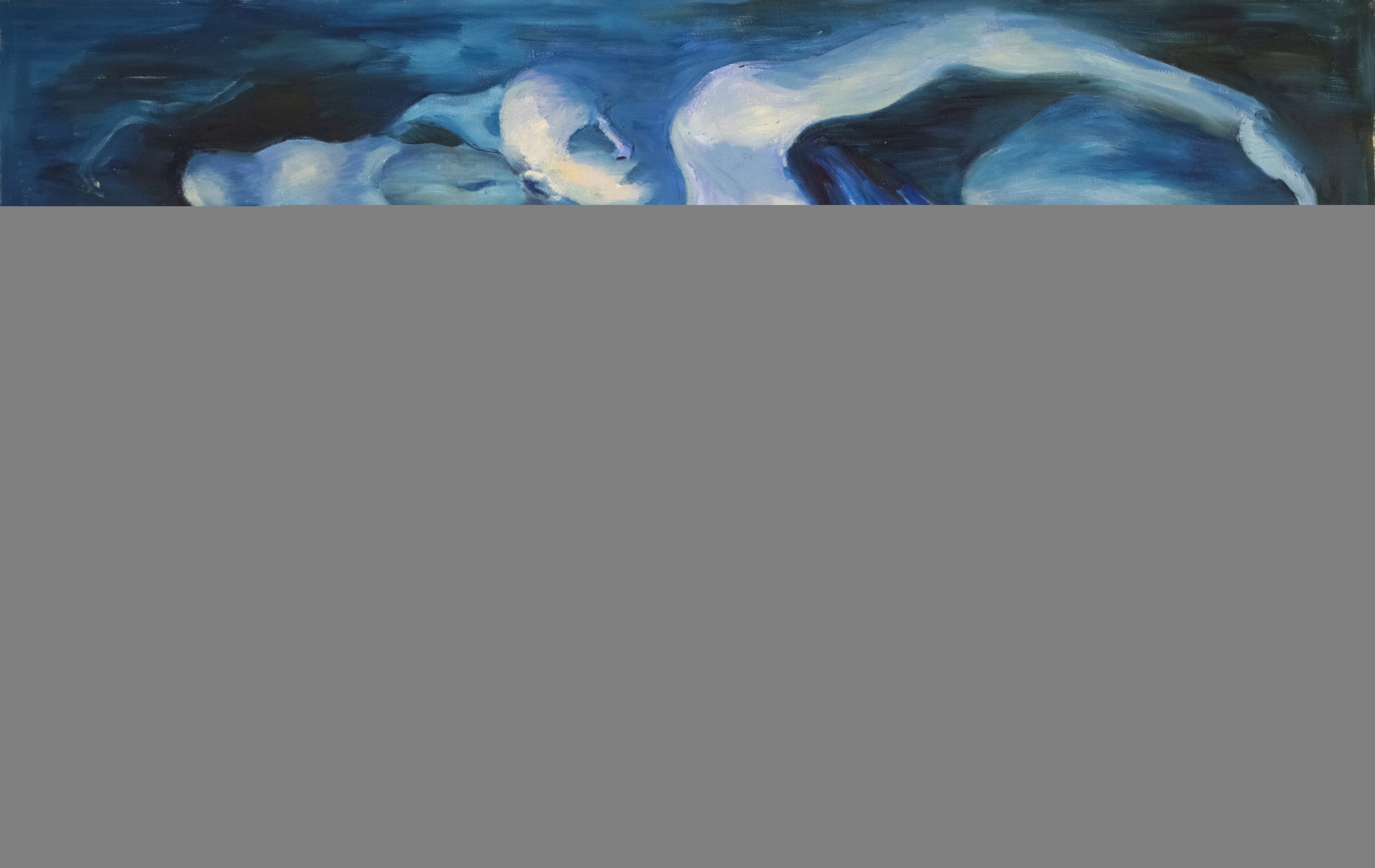 Cloud-like creature shaped in the form of a person, on a blue and black canvas.
