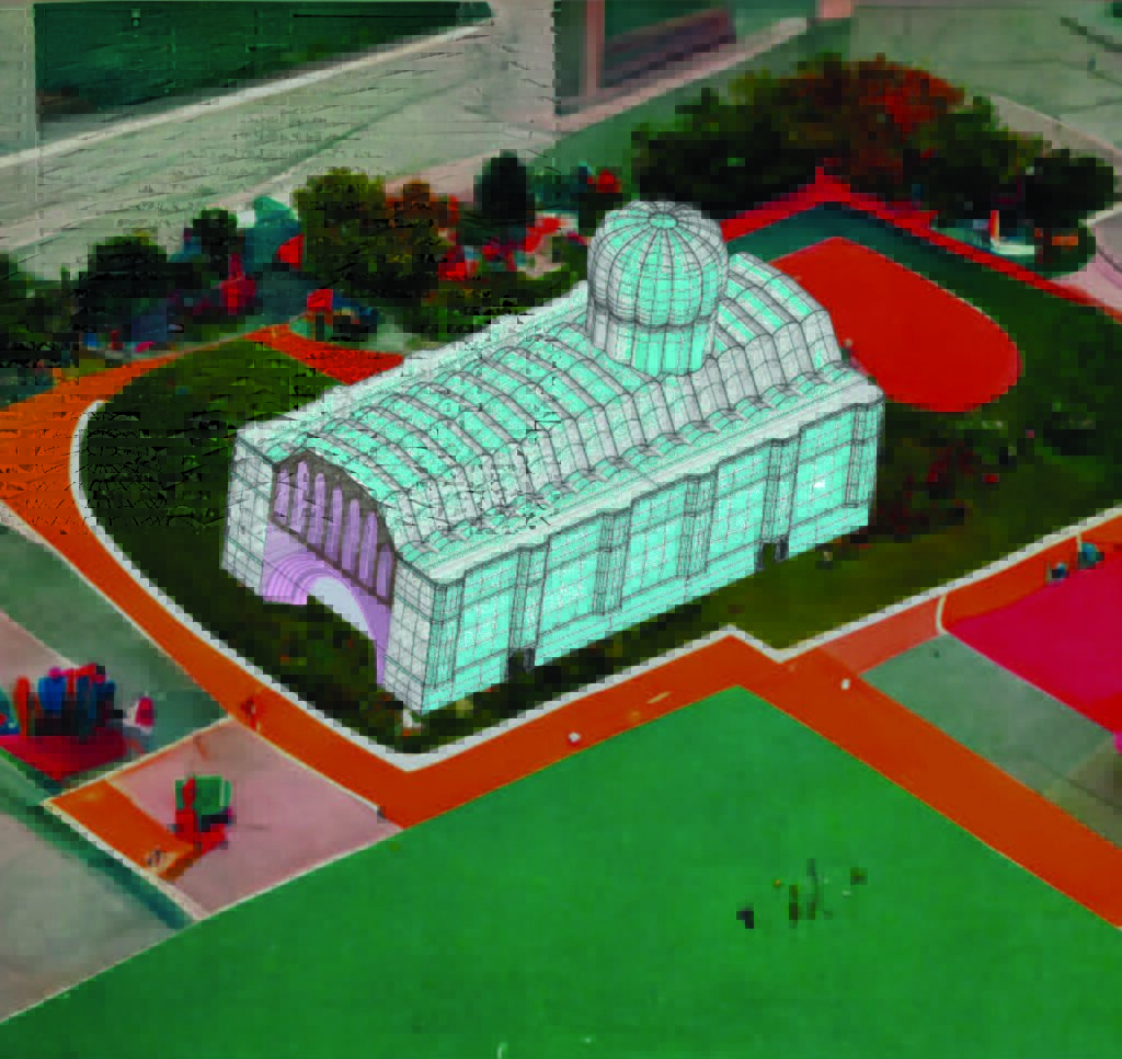 A drawing of a large building surrounded by walkways, lawns, and trees.