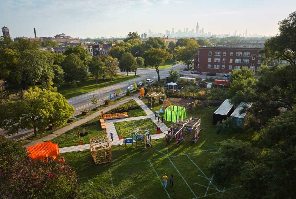Overhead view of a festival in a park.